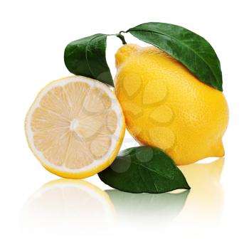 fresh lemon citrus with cut and green leaves isolated on white background