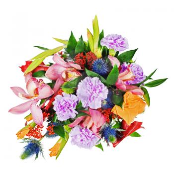 colorful floral bouquet from roses,cloves and orchids isolated on white background