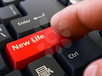 New Life Button. Male Finger Clicks on Red Button on Black Keyboard. Closeup View. Blurred Background. 3D Render.