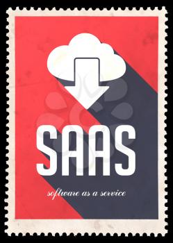 SAAS - Software as a Service - on red background. Vintage Concept in Flat Design with Long Shadows.