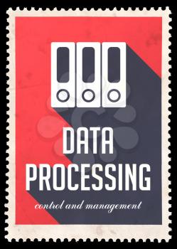Data Processing on Red Background. Vintage Concept in Flat Design with Long Shadows.