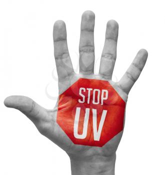Stop UV - Red Sign Painted - Open Hand Raised, Isolated on White Background