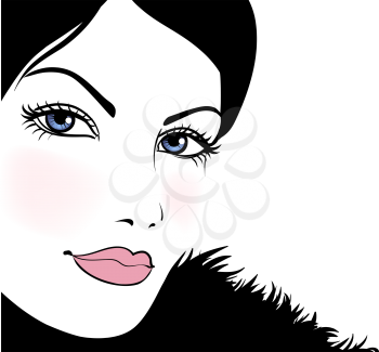 Portrait attractive beautiful girl wearing black fur, vector illustration
