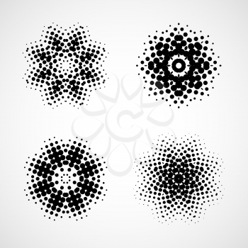 Halftone snowflake. Abstract black and white design element. Set