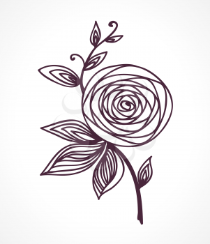 Rose Stylized flower hand drawing. Outline icon symbol. Present for wedding, birthday invitation card
