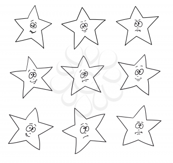 Cartoon faces expressions. Set of festive fun stars. Different hand drawing star shapes