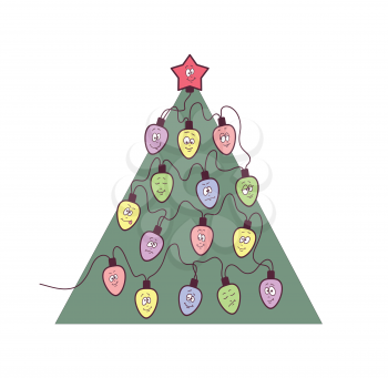Christmas tree with garland. Fun bulbs with funny faces. Vector illustration.