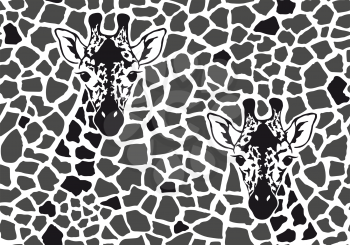 Giraffe seamless pattern skin with giraffe head print design. Wild animal hide artwork background. Black and white vector illustration.