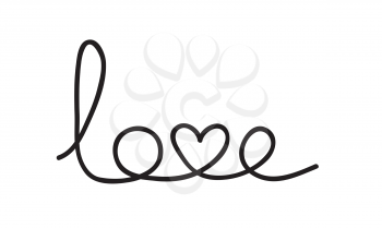 Love word with heart. Continuous line art drawing vector illustration