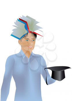 graduate. boy with books and hat
