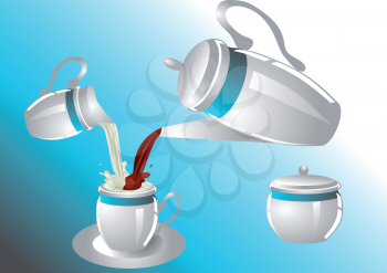 coffee service with poorin milk and coffee. sugar bowl, creamer, coffee pot and cup.