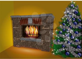 fireplace and christmas tree in yellow room. 10 EPS
