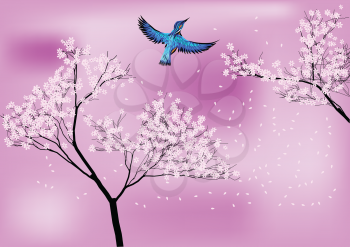 japan. blossom tree and blue bird on pink background