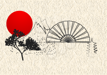 Japan style elements with sun and  blossom tree