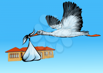 Stork and house. Stork brings house. Conceptual design 