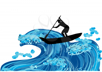 abstract silhouette of Fisherman and wave on awhite background