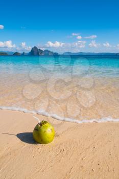 Fresh coconut drink on tropical white sand beach