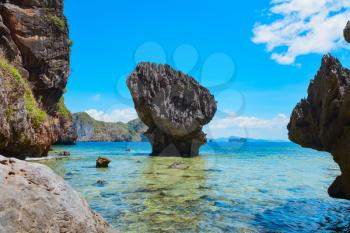 Scenic view of mountain islands and tropical sea bay, Palawan, Philippines