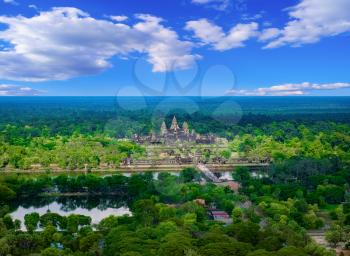 Aerial view of Angkor Wat Temple, Siem Reap, Cambodia, Southeast Asia. UNESCO World Heritage Site.