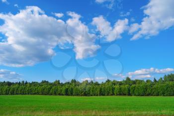 Beautiful summer landscape with blue sky, clouds, trees and grass