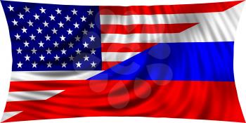 American and Russian flags together waving in wind isolated on white background. American national flag. Russian national flag. Patriotic symbolic design. 3d rendered illustration