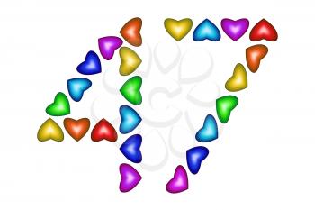 Number 47 of colorful hearts on white. Symbol for happy birthday, event, invitation, greeting card, award, ceremony. Holiday anniversary sign. Multicolored icon. Forty seven in rainbow colors.