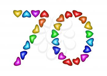 Number 70 of colorful hearts on white. Symbol for happy birthday, event, invitation, greeting card, award, ceremony. Holiday anniversary sign. Multicolored icon. Seventy in rainbow colors.