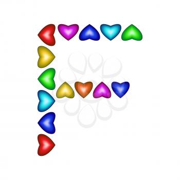 Letter F made of multicolored hearts on white background