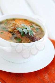 Hot soup with beef meat and vegetables
