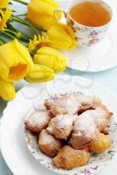 spring breakfast homemade donuts with powdered sugar