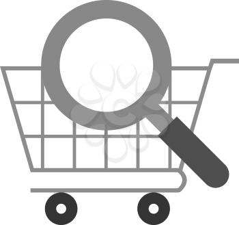 Vector grey magnifier against grey shopping cart.