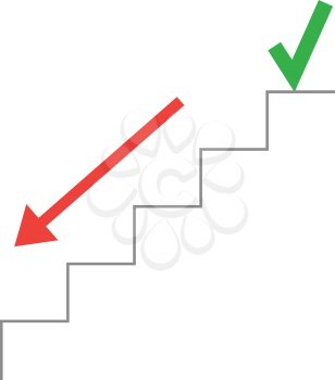 Vector grey line stairs with arrow pointing down and check mark on top.