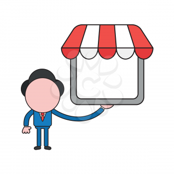 Vector illustration concept of businessman character holding shop store. Color and black outlines.