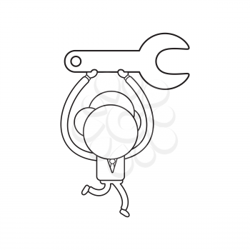 Vector illustration concept of businessman character running and carrying grey spanner. Black outline.