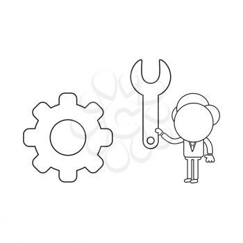 Vector illustration concept of businessman character with gear and holding spanner. Black outline.