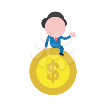 Vector illustration concept of businessman character sitting on yellow dollar money coin icon.