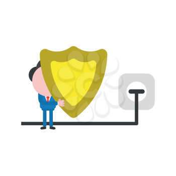 Vector illustration concept of businessman character holding guard shield icon with plug plugged into outlet.