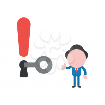 Vector illustration of faceless businessman character unlock exclamation keyhole and giving thumbs up.