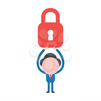 Vector illustration of faceless businessman character holding up red closed padlock.