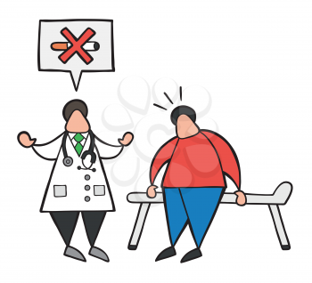 Vector illustration cartoon doctor man with his patient and saying no smoking with speech bubble.