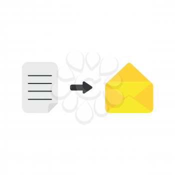 Flat design vector illustration concept of written paper into yellow open envelope mail or message symbol icon on white background.