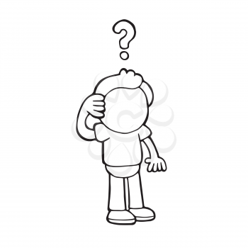 Vector hand-drawn cartoon illustration of confused man thinking with question mark.