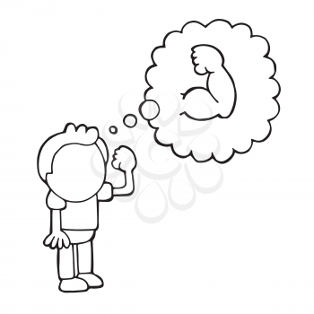 Vector hand-drawn cartoon illustration of man standing dreaming of being muscular.