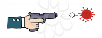 Hand drawn vector illustration of Wuhan corona virus, covid-19. Man in the suit fires the gun and has corona virus instead of bullet. 