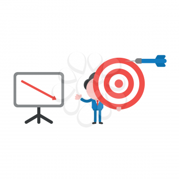 Vector illustration businessman character holding bulls eye with dart miss the mark and showing sales chart arrow moving down.
