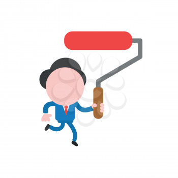 Vector illustration businessman character running and holding red roller paint brush.