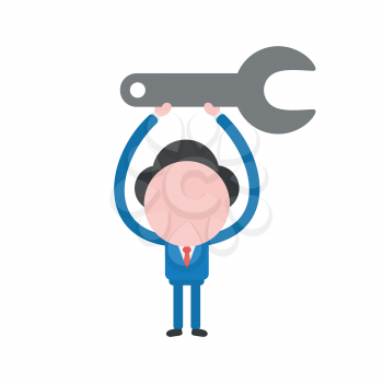 Vector illustration businessman character holding up grey spanner icon.