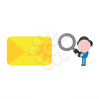 Vector illustration businessman character holding magnifying glass and looking to closed envelope.
