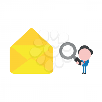 Vector illustration businessman character holding magnifying glass and looking at open empty mail envelope.