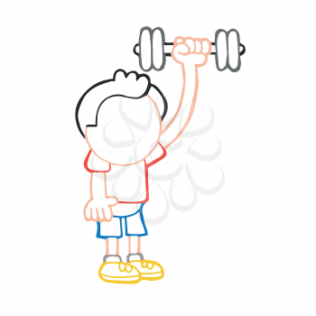 Vector hand-drawn cartoon illustration of man standing pumping dumbbells